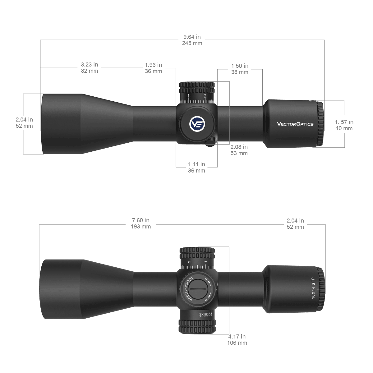 Technische Zeichnung des Veyron SFP Zielfernrohrs 10×44 mit detaillierten Abmessungen für Montage und Anwendung.