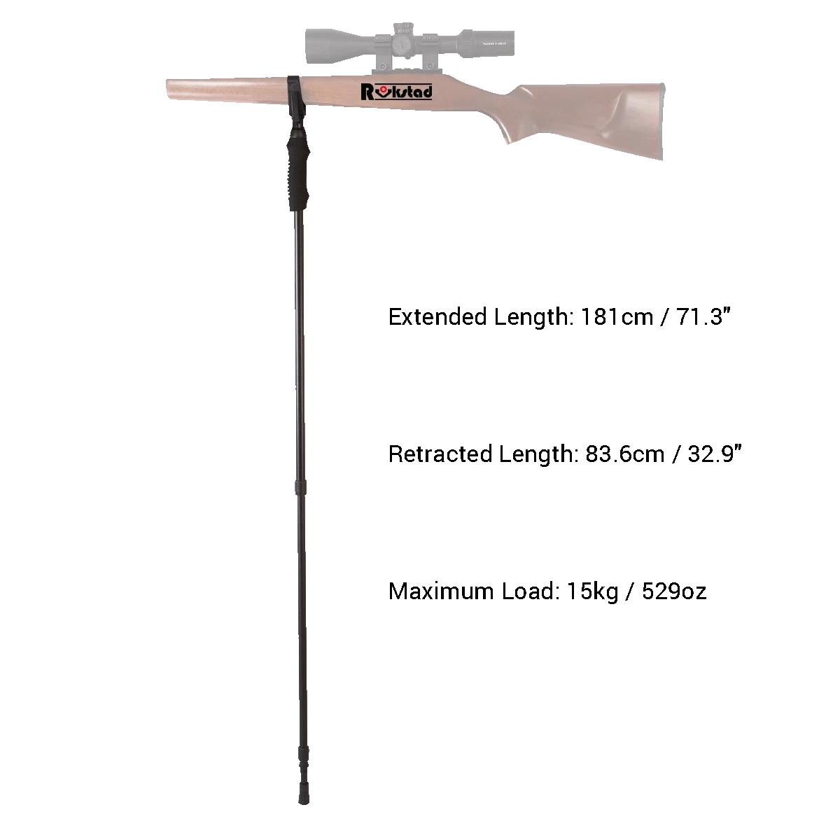 Monopod RSGR-01 montiert an einem Gewehr zur Veranschaulichung der Einsatzmöglichkeiten. Stabilität und Präzision für Jäger und Sportschützen.