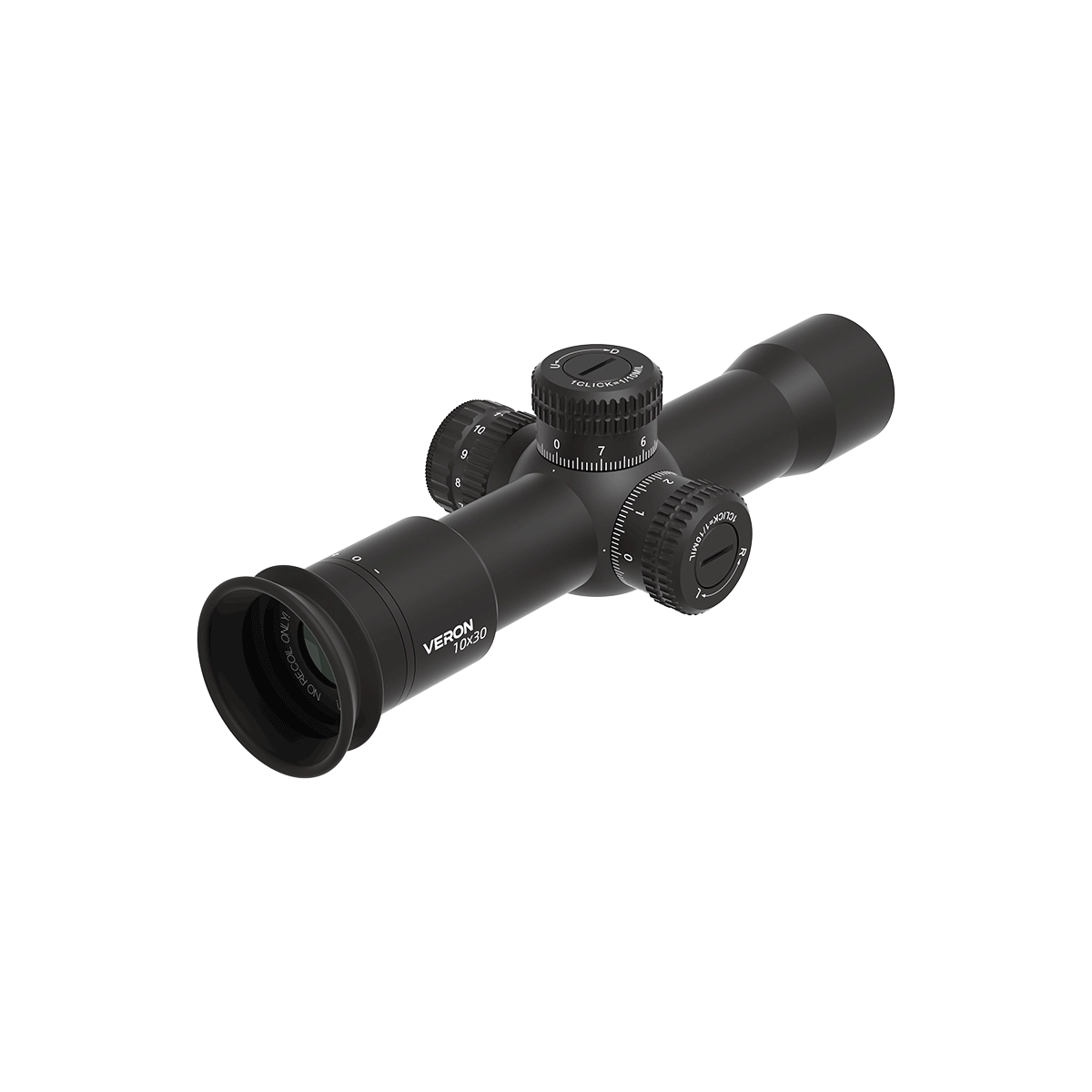 Detailansicht des Veyron Plus Zielfernrohrs 10x30 mit fein justierbaren Türmen für Höhen- und Seitenverstellung.