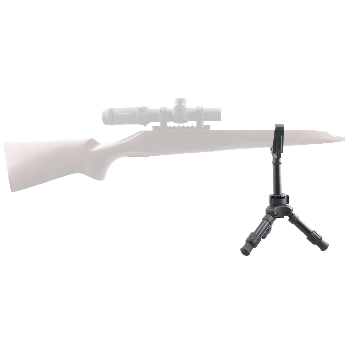 Kompaktes Tripod RSGR-06 mit montiertem Gewehr zur Demonstration der Jagdanwendung. Stabiler Halt für präzise Schüsse im Gelände.