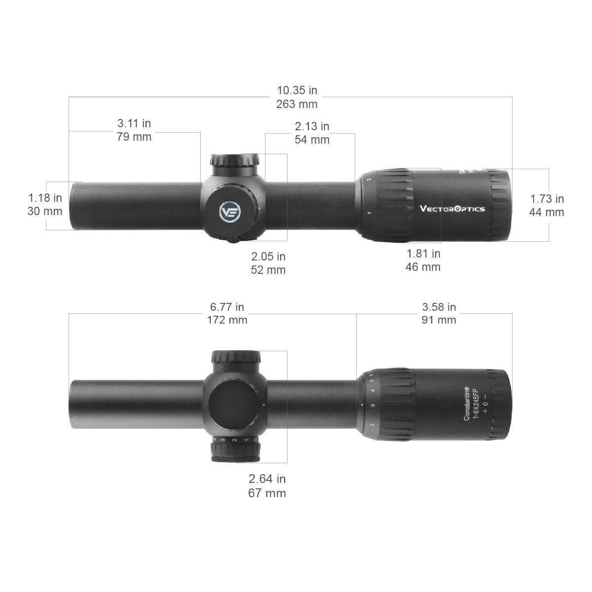 Technische Zeichnung des Constantine 1–8×24 SFP Zielfernrohrs mit Maßangaben für Länge, Durchmesser und Montageabstände.