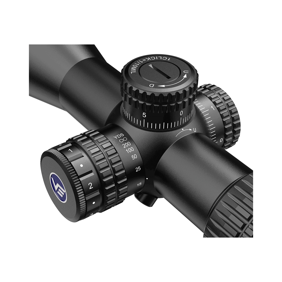 Veyron 3–12×44 IR Zielfernrohr – Detailansicht der taktischen Türme mit klarer Skalierung für präzise Höhen- und Seitenverstellung.