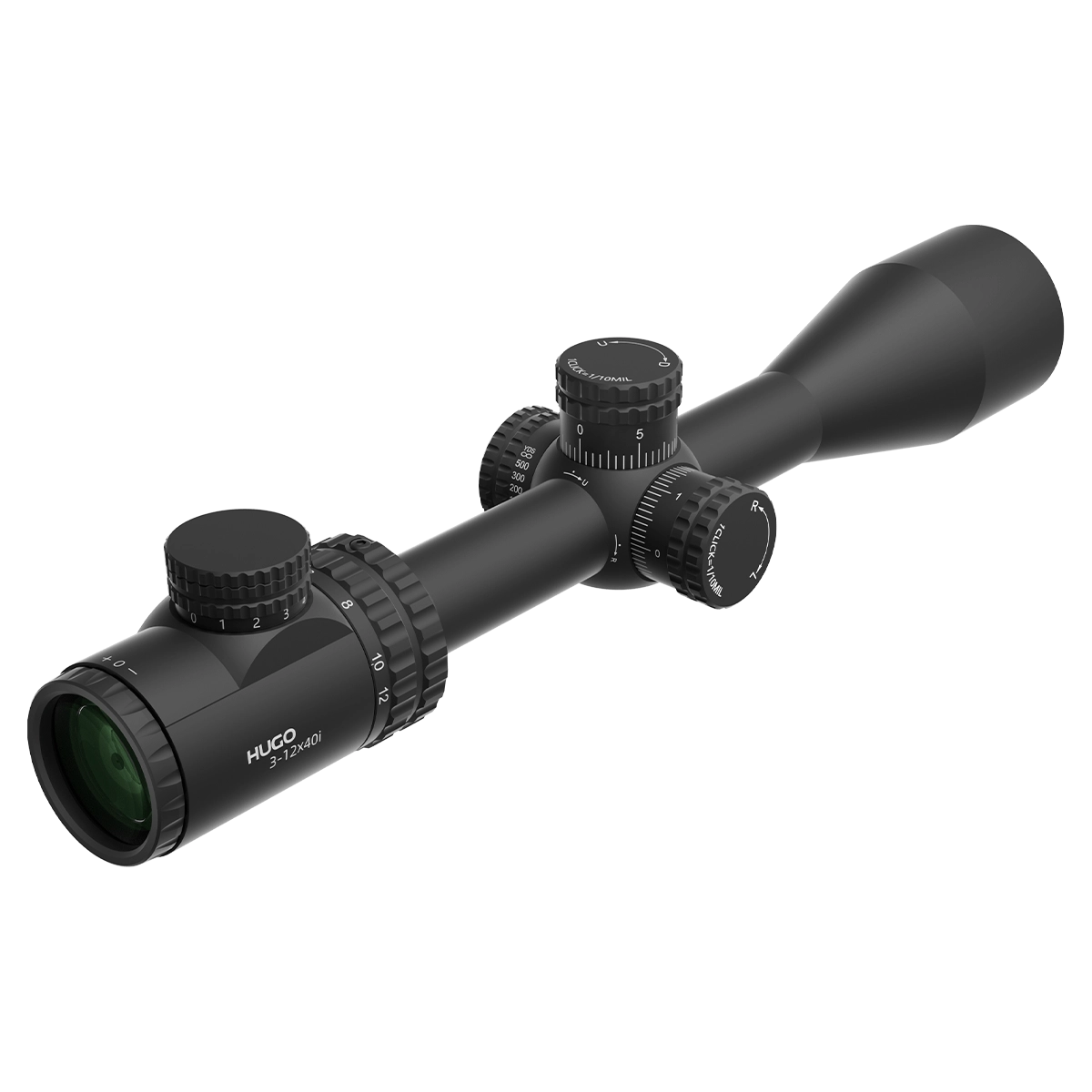 Detailansicht des Hugo 3–12×40i Zielfernrohrs mit Beschriftung und ergonomischen Einstellrädern für präzise Zielanpassung im Gelände.
