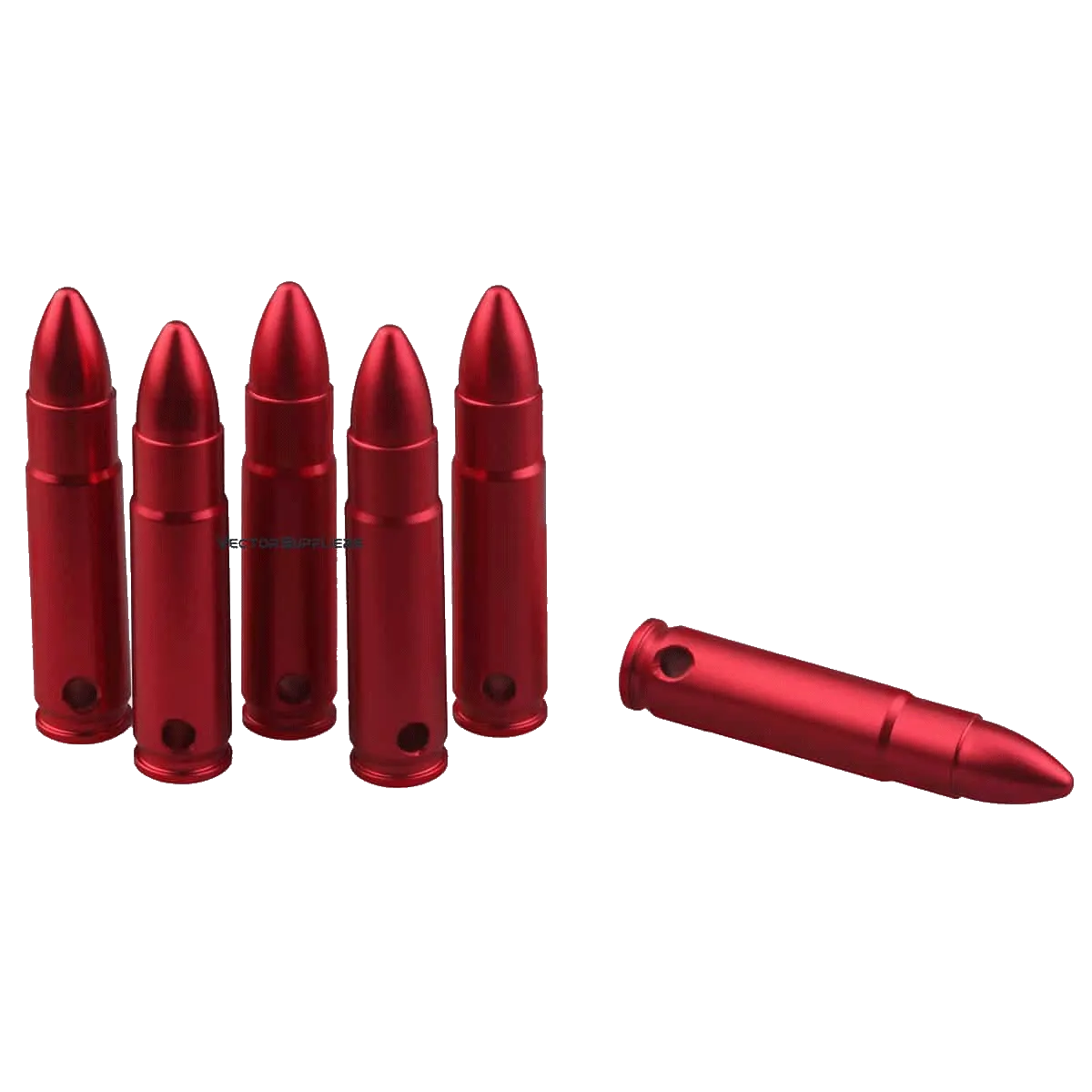 Fünf rote Aluminium-Snap Caps im Kaliber .223 Remington. Ideal für Trockenübungen und Waffenhandhabungstraining.