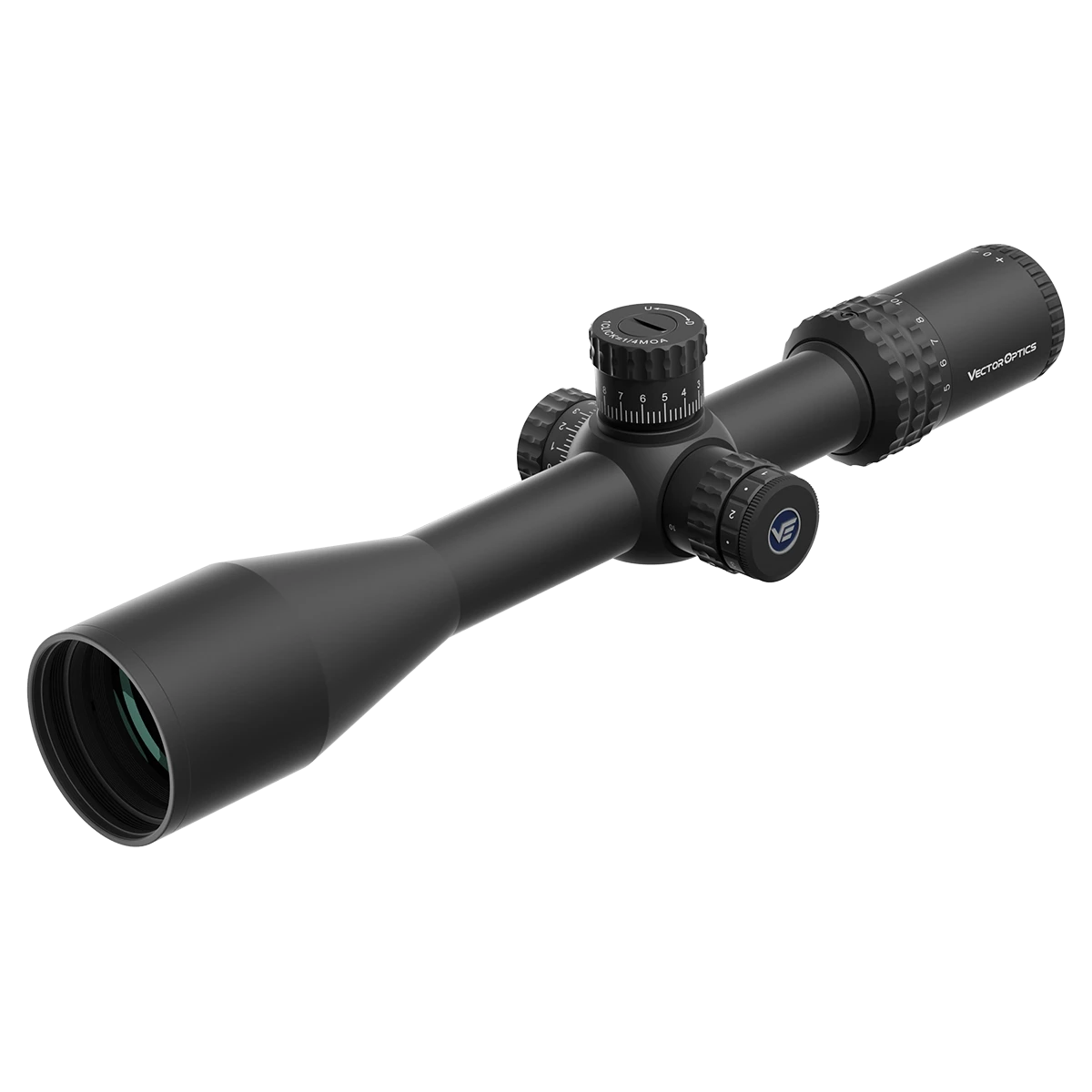 Schrägansicht des Sentinel 5-25x50 HD FFP - Vector Optics Scope mit taktischen Verstelltürmen und HD-Linsen für klare Zielerfassung.