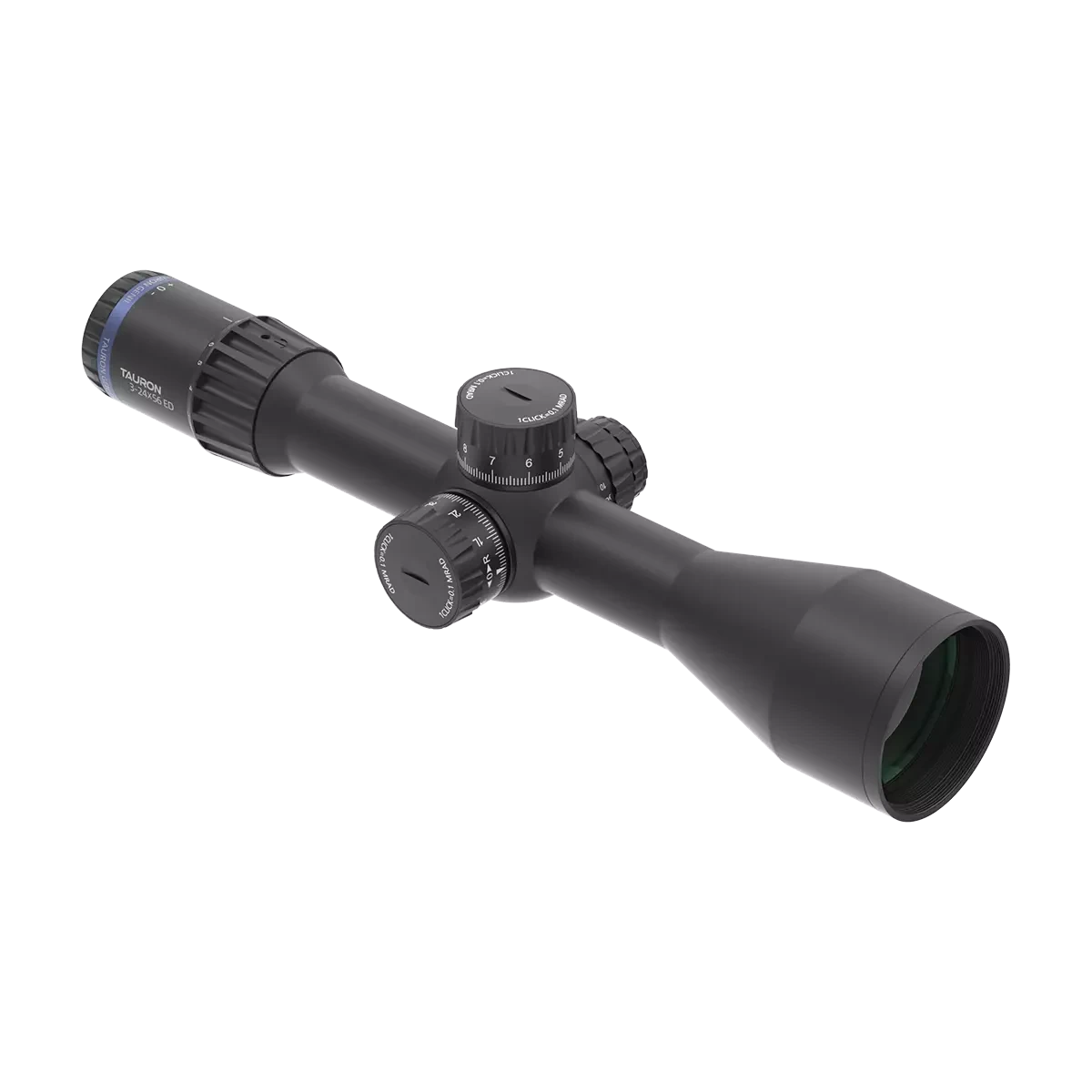 Seitliche Ansicht des Tauron 3-24x56 ED SFP Zielfernrohrs mit robustem Gehäuse und klarer Optik für vielseitige Einsätze.