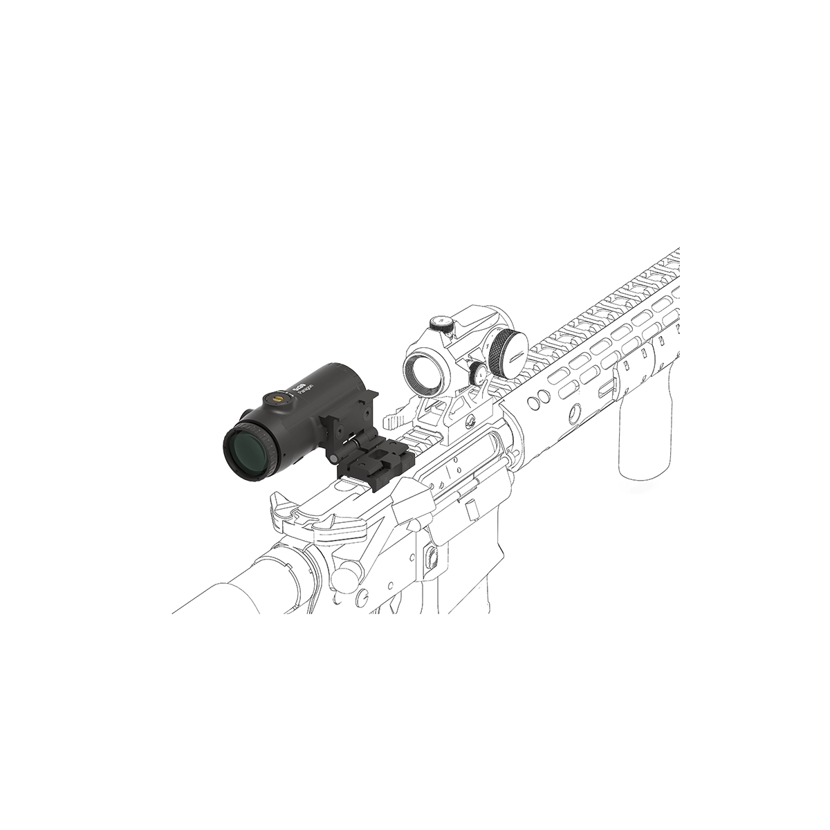 Montierter 5x Magnifier Paragon SCMF-34 auf Picatinny-Schiene, ideal für präzise Zielvergrößerung bei taktischen Anwendungen.