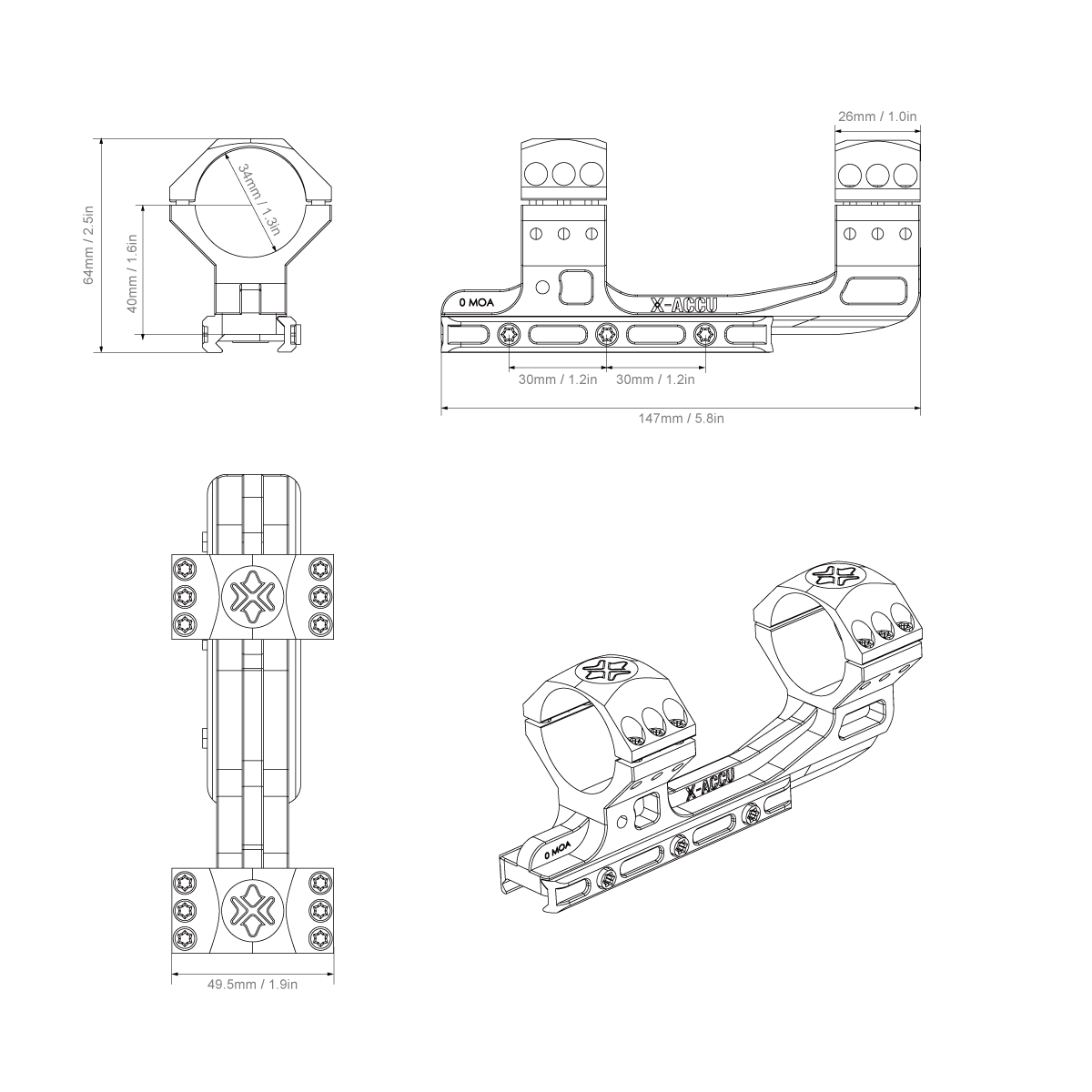 Technische Zeichnung der Cantilever 40mm Höhe - 34mm Zielfernrohrmontage 0MOA mit detaillierten Maßen für präzise Planung und Montage.