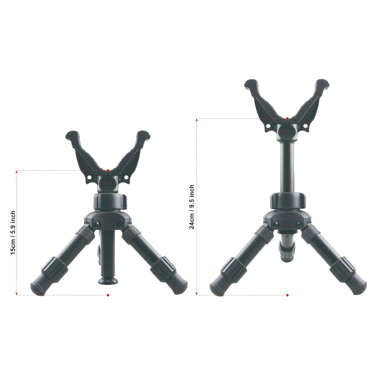 Größenvergleich des kompakten Tripods RSGR-06 in zwei Höhenstufen. Ideal für flexible Jagdanwendungen mit stabiler Ausrichtung.