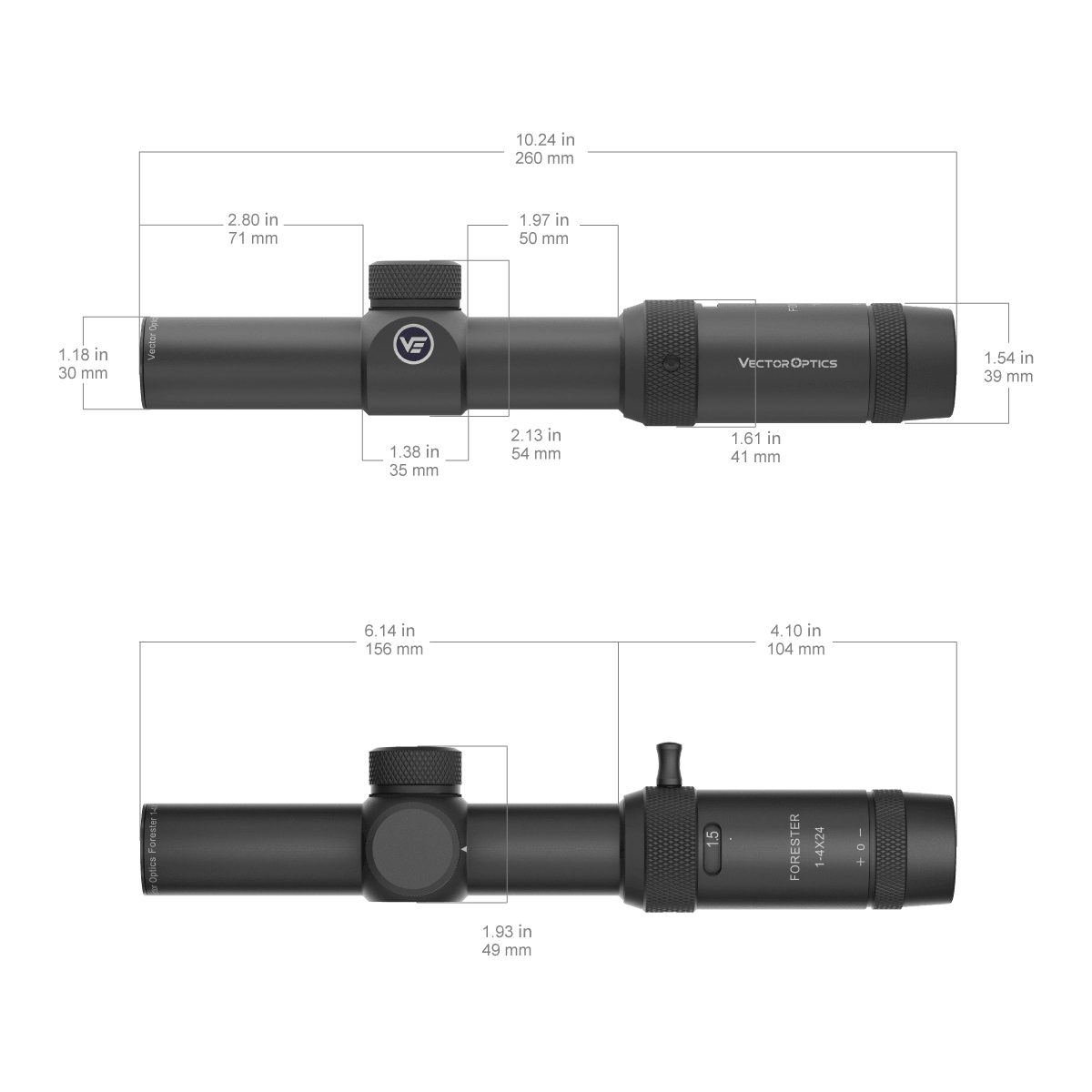 Technische Zeichnung des Vector Optics Forester 1–4×24 SFP mit genauen Abmessungen für Montage und Kompatibilität.