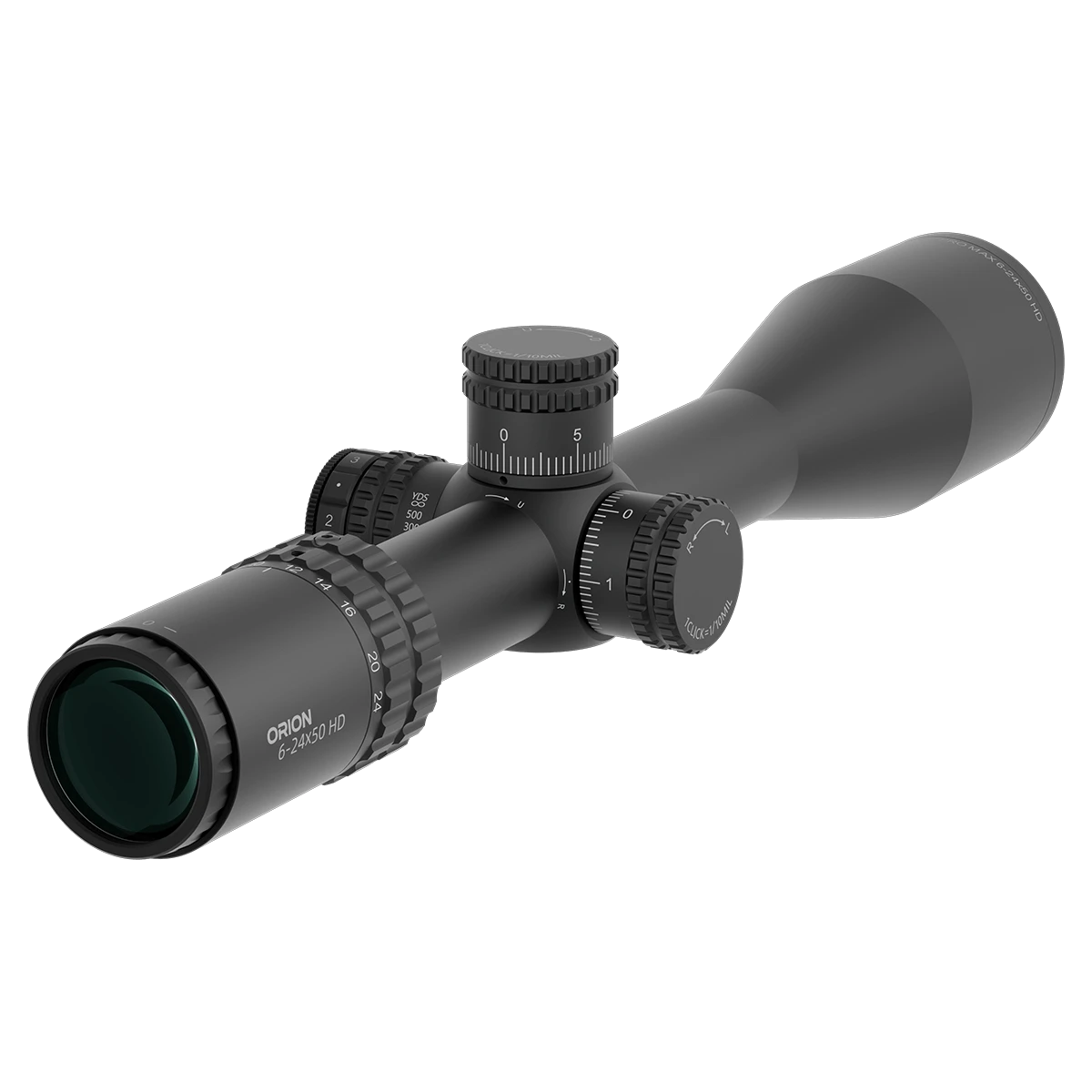 Seitliche Perspektive des Orion Pro Max 6-24x50 MIL Zielfernrohrs mit Zoomring und Parallaxenausgleich für präzises Zielen.
