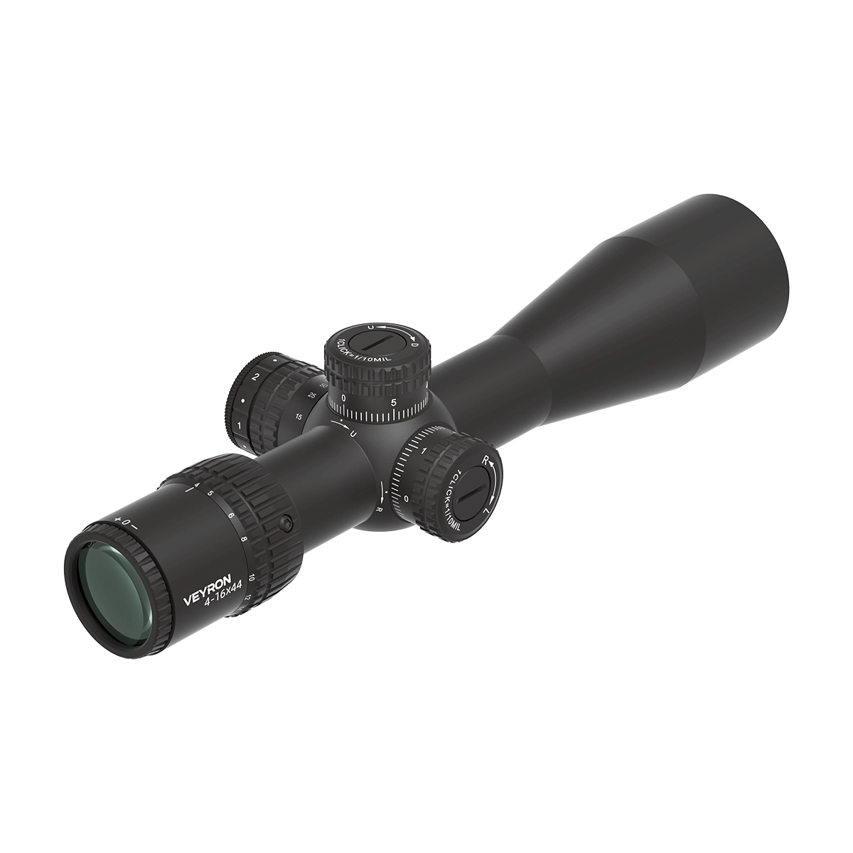 Rückseitige Ansicht des Veyron 4-16x44IR Zielfernrohrs SCOL-48 mit Zoomring und Dioptrienverstellung für klare Zielerfassung.