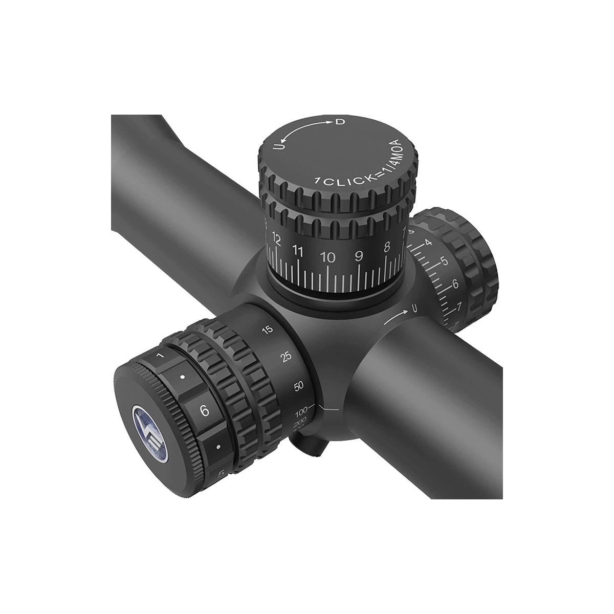 Nahaufnahme der Verstelltürme des Orion Pro 3-18x50 SFP Zielfernrohrs mit klarer Klick-Skala für präzise Höhen- und Seitenkorrektur.