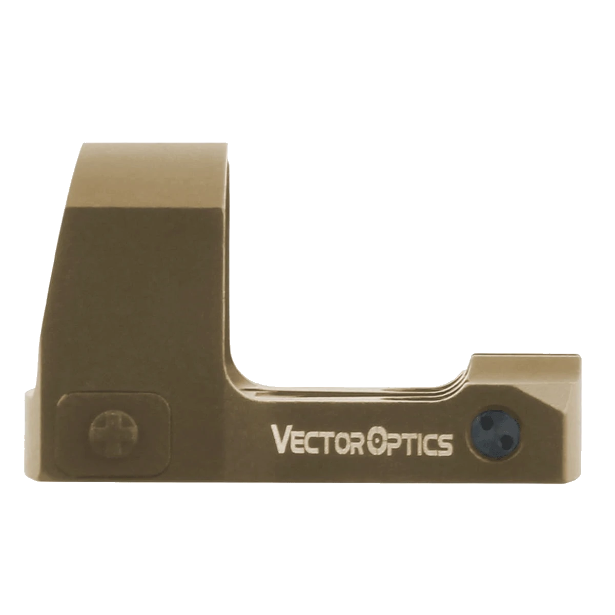 Seitenprofil des Vector Optics Frenzy-S 1x17x24 Reflex Sights mit Logo und robustem Aluminiumkörper für präzises Zielen bei der Jagd.