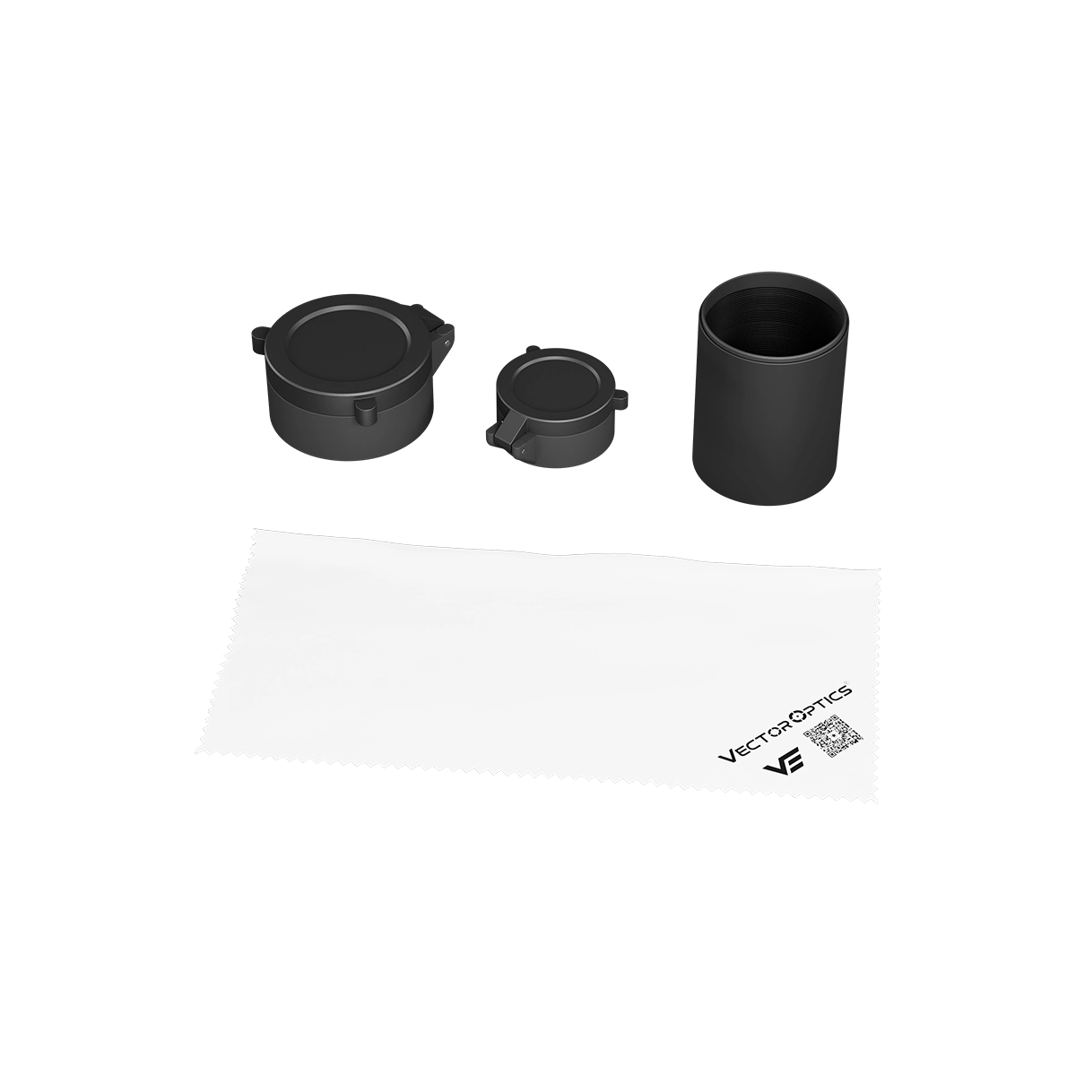 Zubehörset für Sentinel-X 10-40x50 Vector Optics Zielfernrohr inklusive Objektivkappen, Sonnenblende und Mikrofasertuch für optimale Pflege.