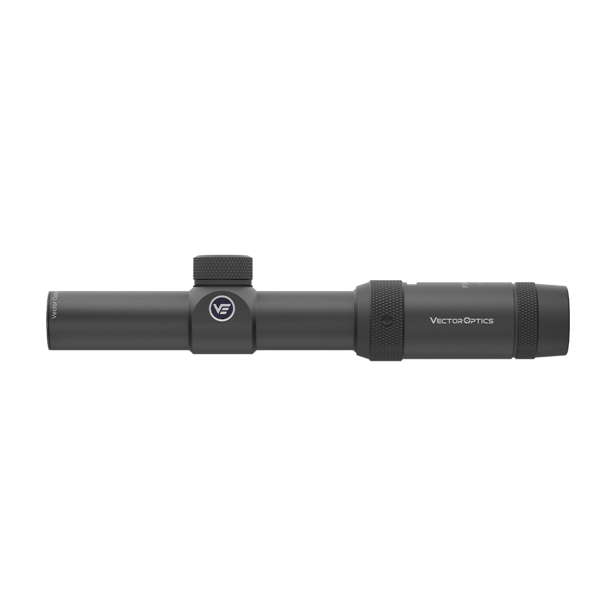 Seitliche Ansicht des Vector Optics Forester 1–4×24 SFP mit klarer Markenkennzeichnung und kompaktem LPVO-Design.