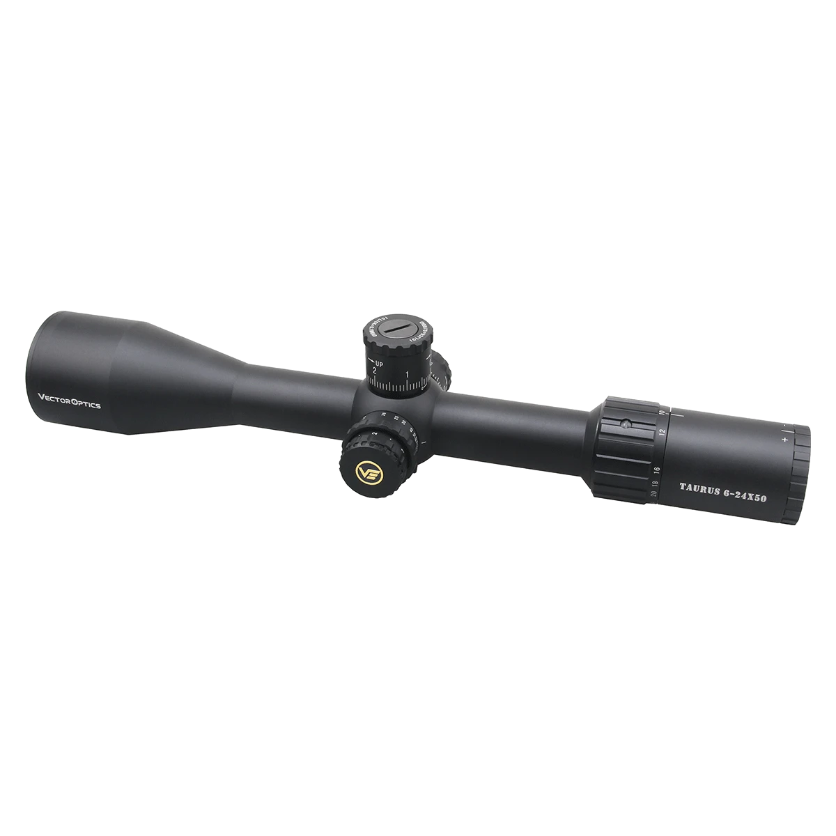 Vector Optics Zielfernrohr Tauron 6-24x50 HD SFP mit klarer Beschriftung und ergonomischem Design für präzise Schüsse auf weite Entfernungen.