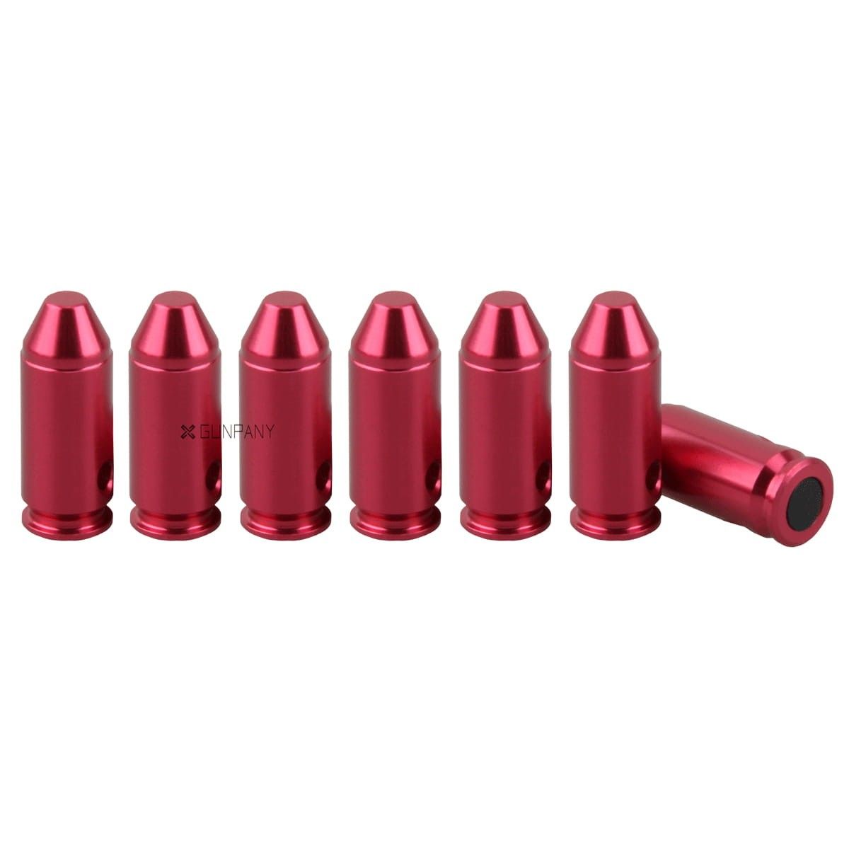 Satz von sieben roten Übungspatronen aus Aluminium im Kaliber .40 S&W. Snap Caps für realistische Trainingsszenarien.