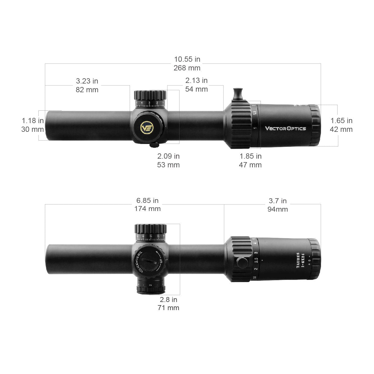 Technische Maße des Vector Optics Tauron 1-6x24 FFP Zielfernrohrs mit detaillierten Längenangaben für optimale Montageplanung.