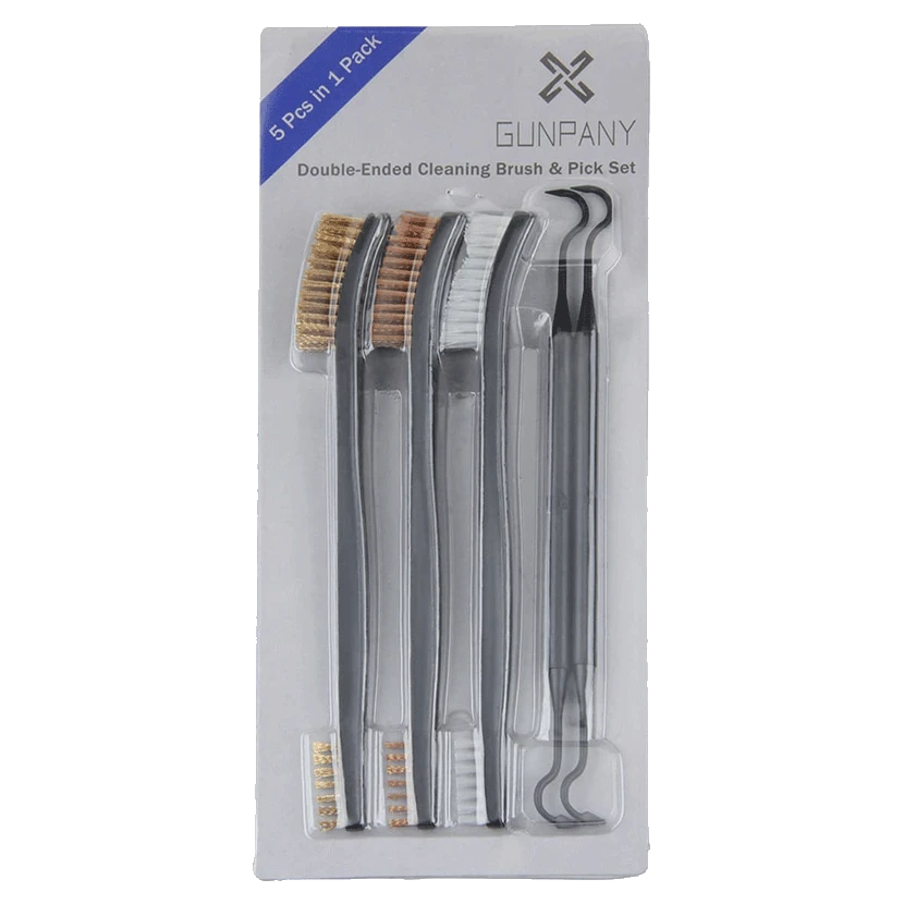 Verpacktes 5er-Set Bürsten und Picks - Waffenreinigungsset von Gunpany mit verschiedenen Bürstenarten und Picks für schwer zugängliche Stellen.