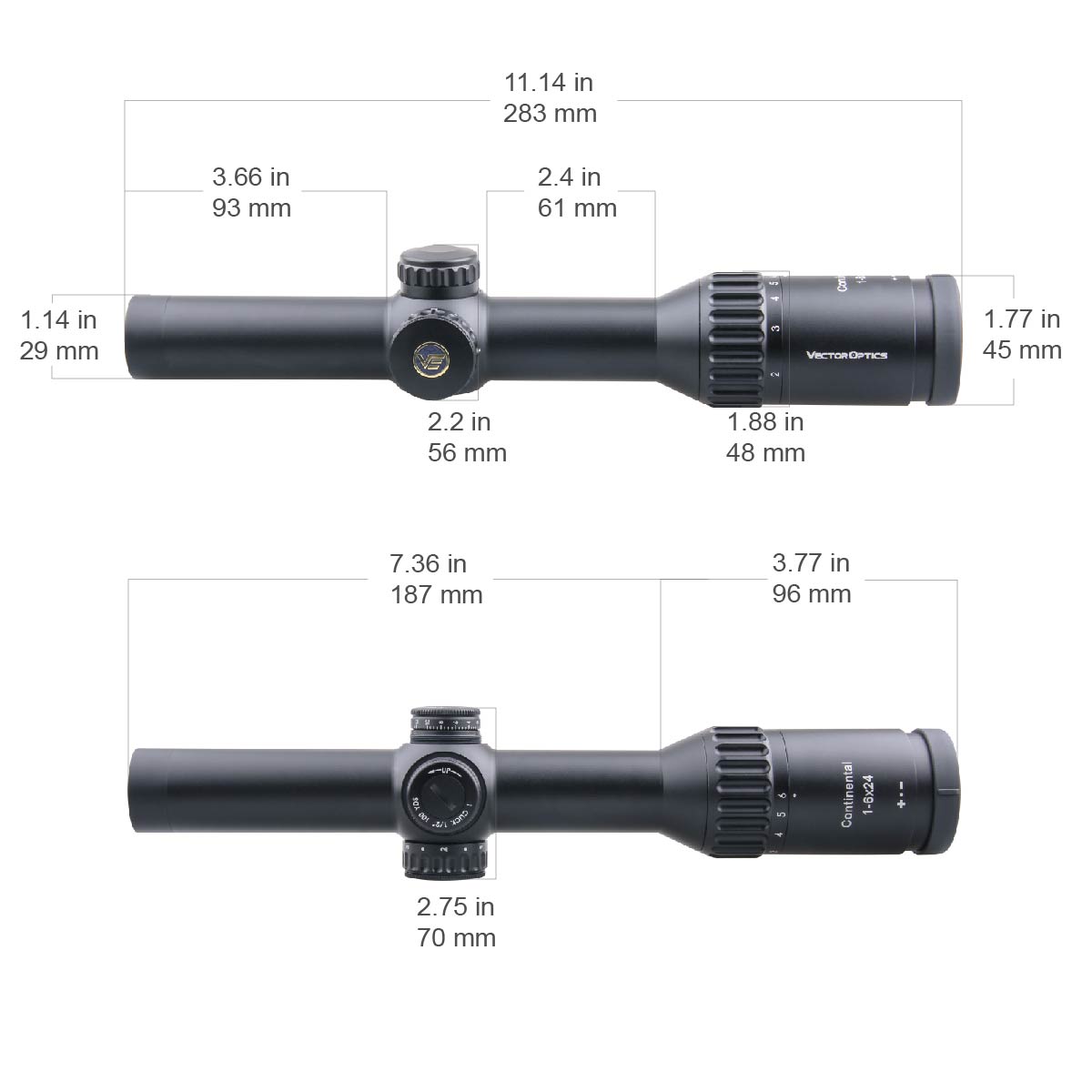 Technische Maße des Vector Optics Continental X6 1–6×24 Fiber Zielfernrohrs mit LPVO-Spezifikationen und kompaktem Design für Jagd.