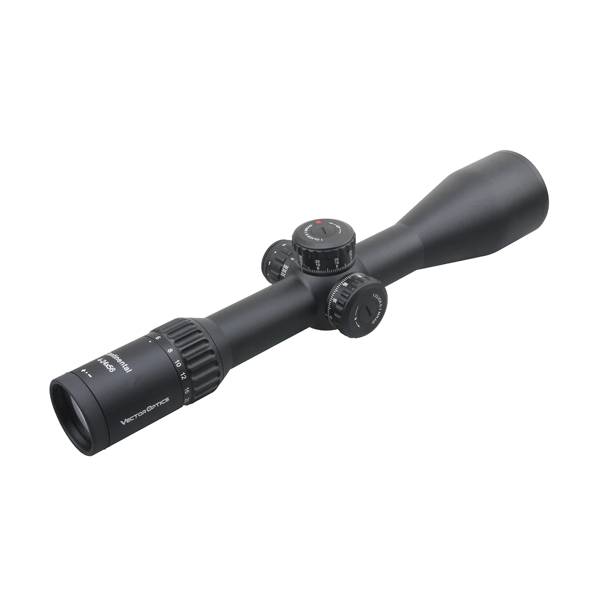 Rückansicht des Continental x6 4-24x56 VCT FFP Zielfernrohrs mit Vergrößerungsring und Turret Lock für präzise Einstellungen bei jeder Jagd.