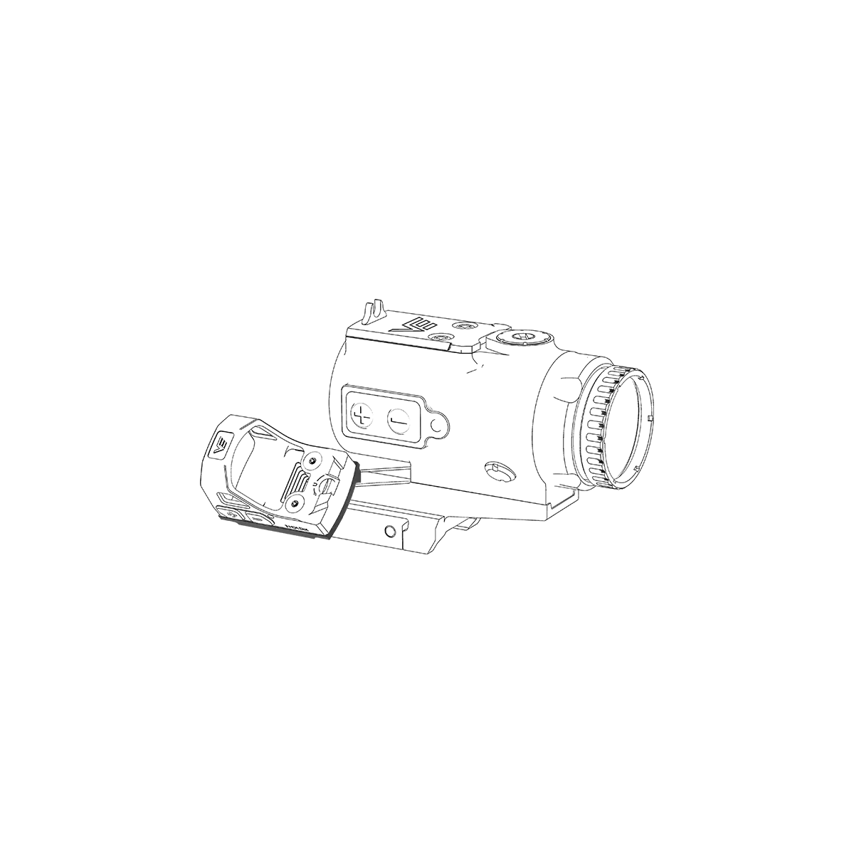 Detailansicht der montierten 45° Offset-Montage MGT RMSc auf SCPSM-C01 mit Visiereinheit, robust und leicht für präzises Zielen.