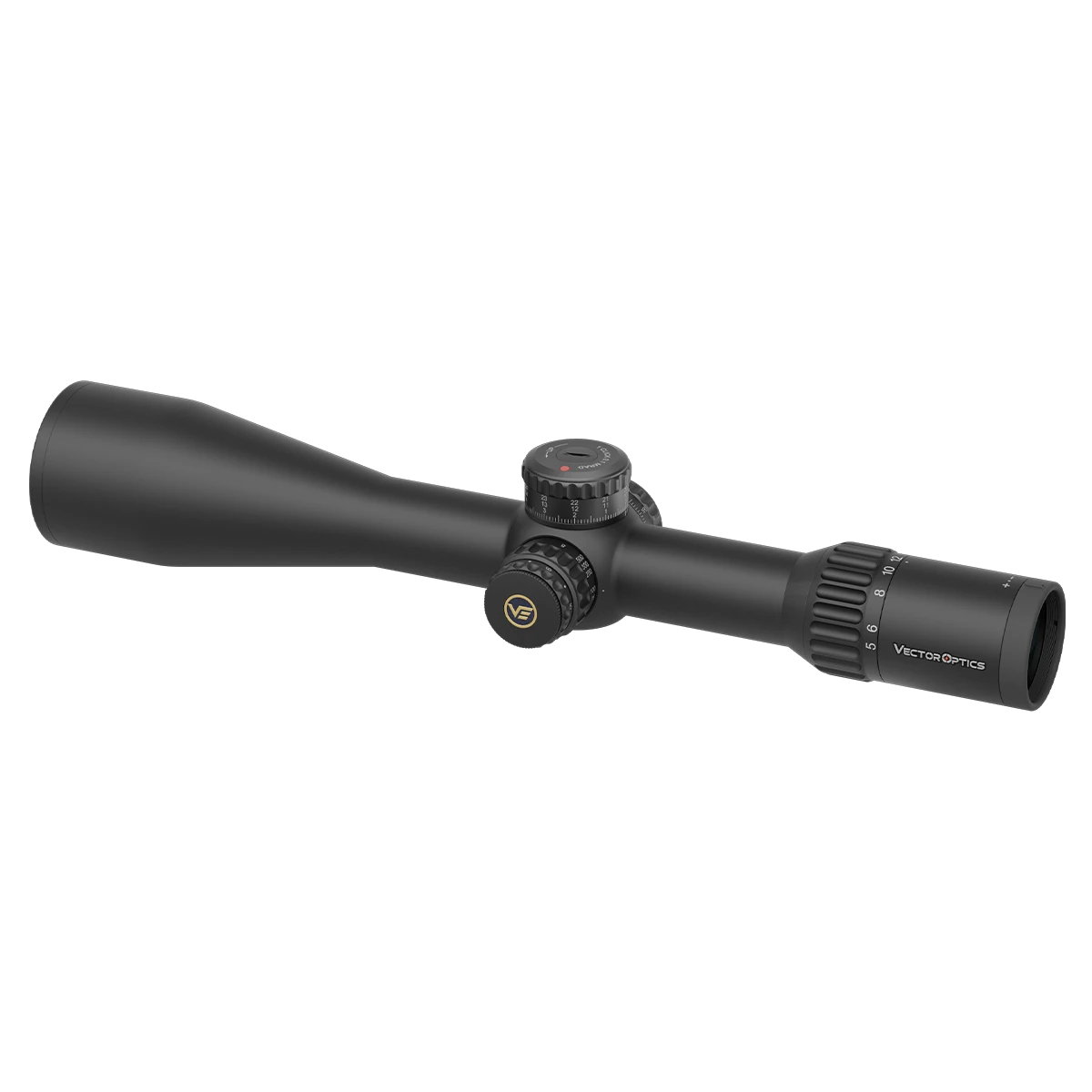 Diagonalansicht des Continental x6 5-30x56 FFP Zielfernrohrs mit Vector Optics Logo und hochwertiger Verarbeitung für Langstreckenpräzision.