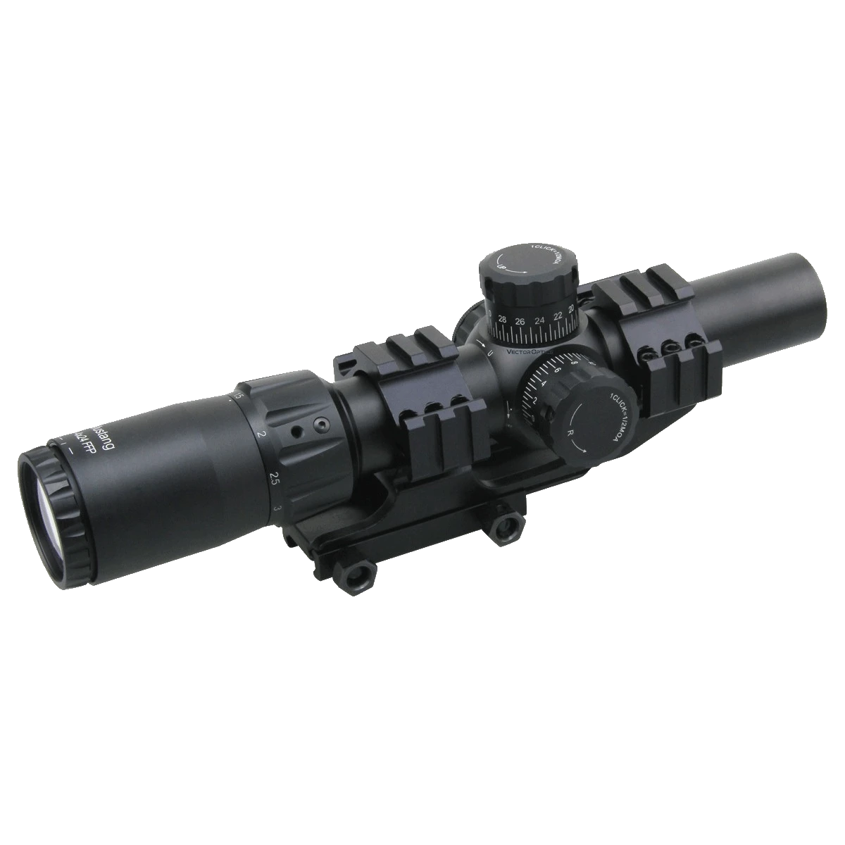 LPVO FFP Zielfernrohr Mustang 1-4x24 von Vector Optics mit seitlichen Picatinny-Schienen und MOA-Verstelltürmen für taktische Anwendungen.