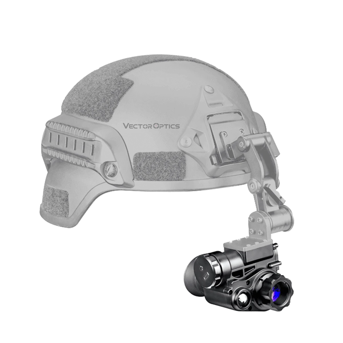 Owlset 1x18 Nachtsichtgerät montiert an taktischem Helm, zeigt perfekte Integration für freihändige Nutzung bei Nachtmissionen.