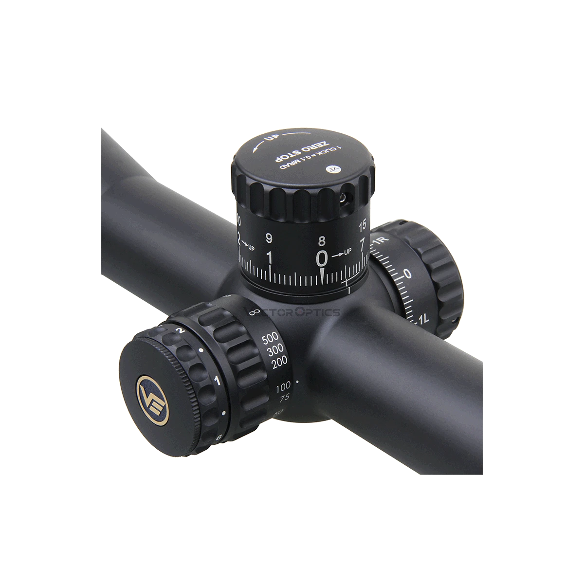 Detailansicht des Höhen- und Seitenturms des Continental x6 4-24x50 Tactical SFP mit klarer Skalierung und Zero-Stop-Funktion.