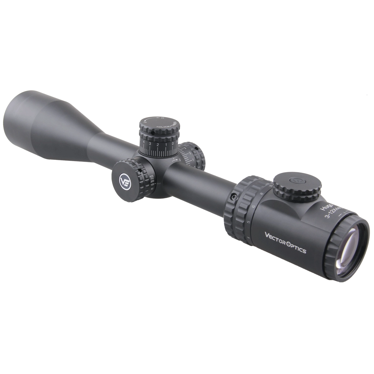 Seitliche Ansicht des Hugo 3–12×44GT SFP Zielfernrohrs mit klarer Beschriftung und robustem Gehäuse für präzises Schießen.