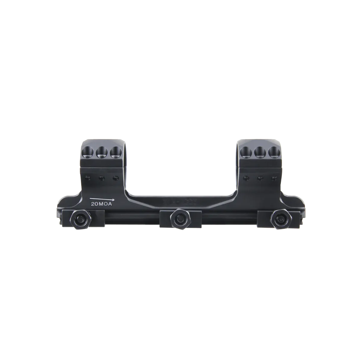 Frontansicht der Blockmontage 20MOA Picatinny X-ACCU mit 30mm Ringen, optimiert für präzise Optikmontage bei Langstreckenwaffen.