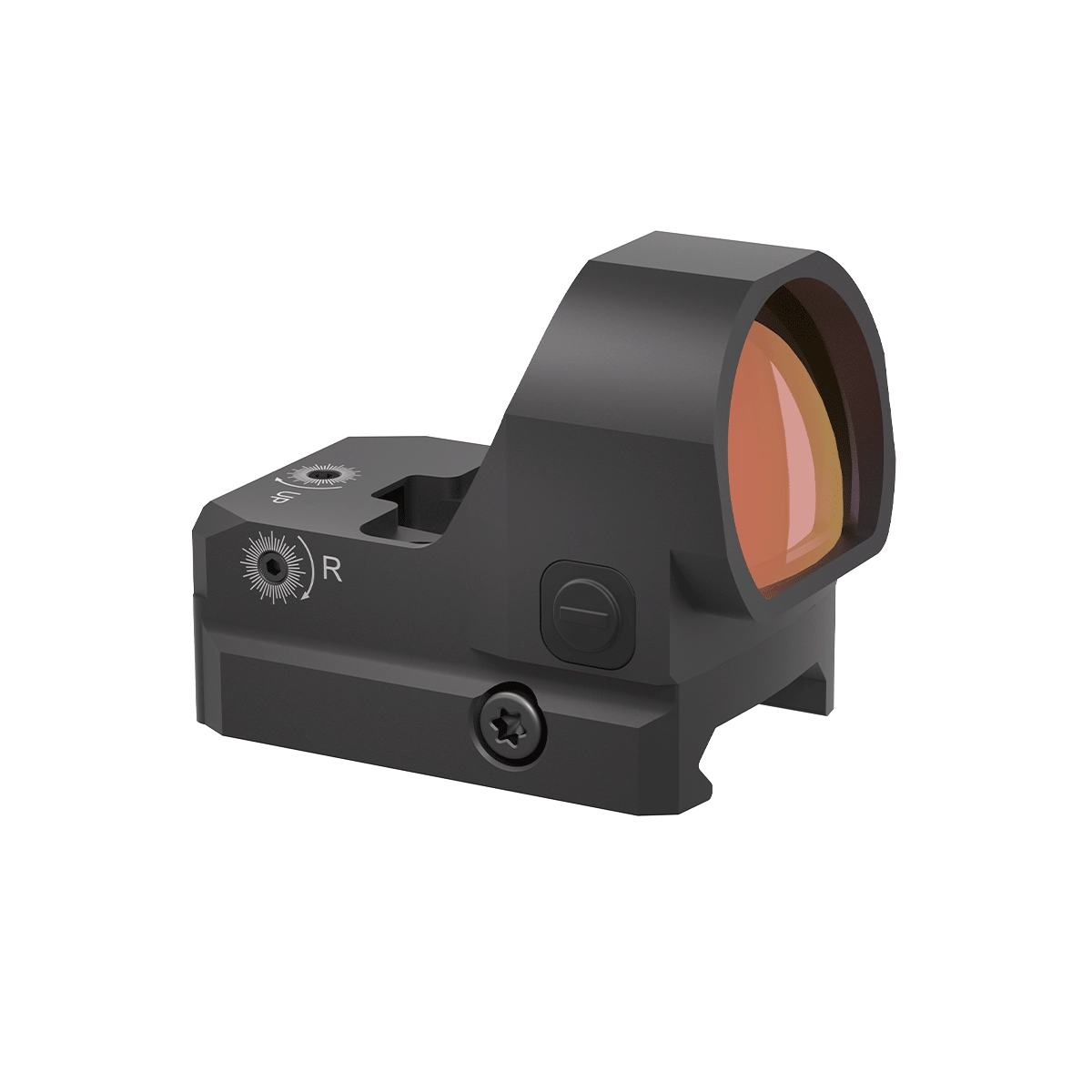 Seitliche Ansicht des Frenzy 1×22×26 Rotpunktvisiers mit Helligkeitseinstellung und kompaktem Design für Waffenmontage, IP67-zertifiziert.