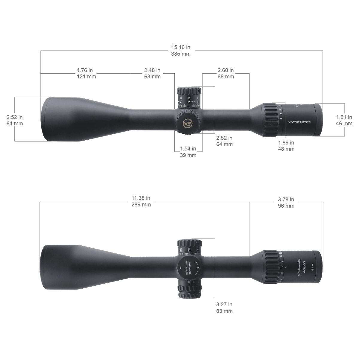 Technische Zeichnung des Continental x8 4-32x56 SFP Zielfernrohrs mit Maßangaben zur optimalen Montage auf Präzisionswaffen.