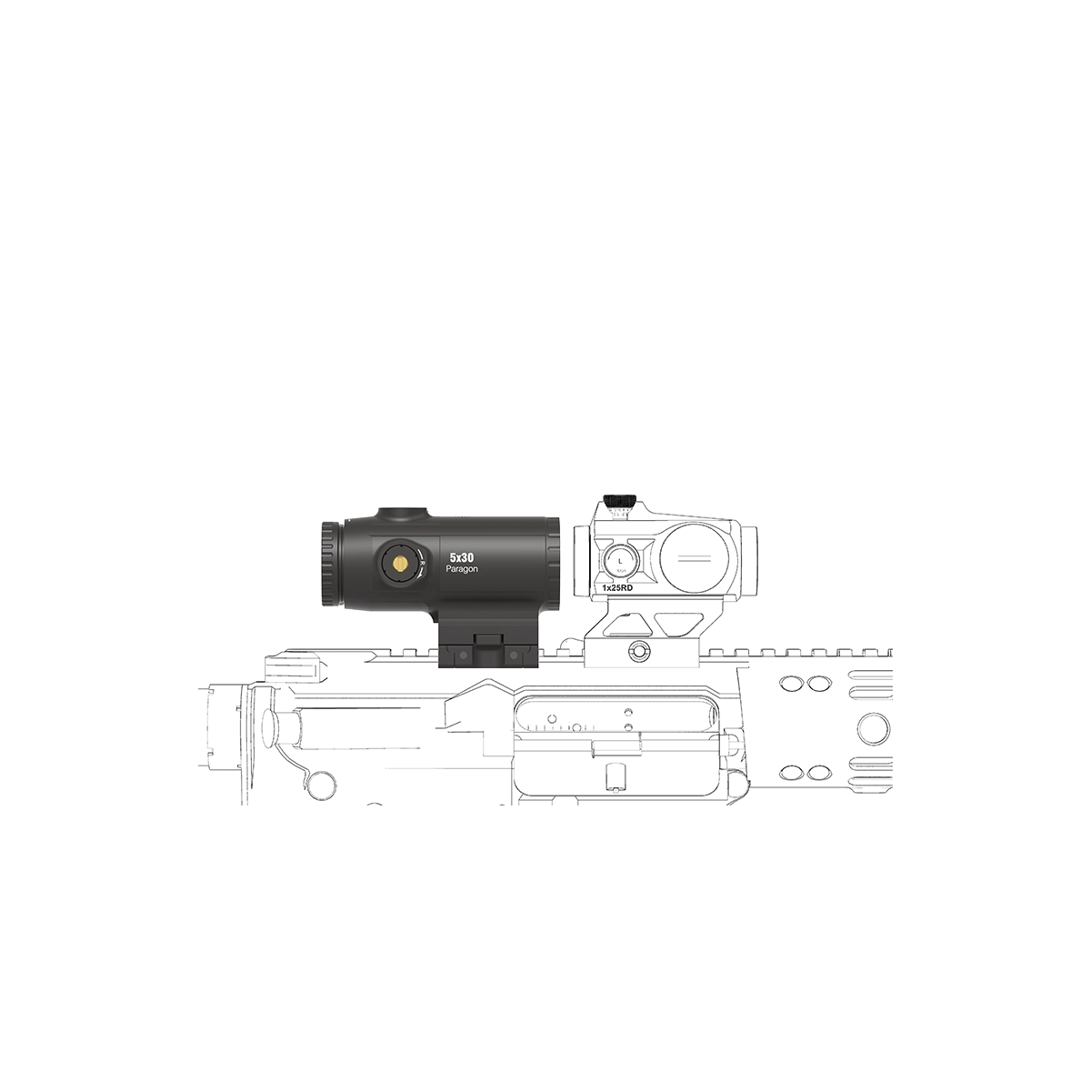 Seitenprofil des montierten 5x Magnifier Paragon SCMF-34 mit klarer 5x Vergrößerung und robuster taktischer Optik.
