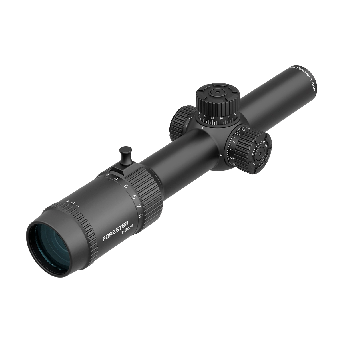 Detailansicht des Forester 1–8×24 SFP Zielfernrohrs mit Zoomring und taktischem Hebel für schnelle Vergrößerungswechsel.