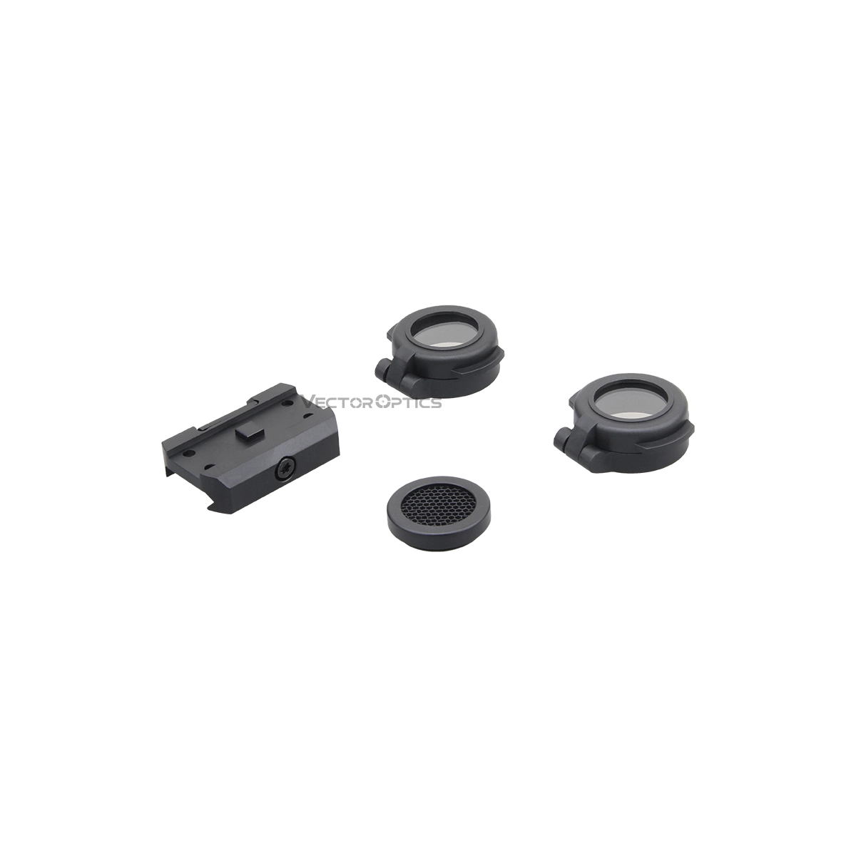 Zubehör des Maverick IV 1x20 Reflexvisiers inklusive Montageplatte, Linsenabdeckungen und Anti-Reflexfilter für vielseitige Nutzung.