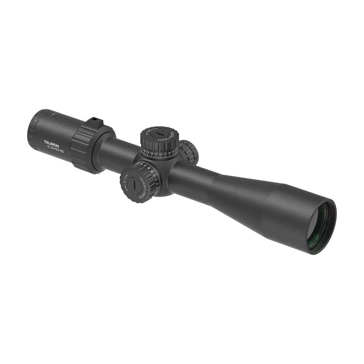 Seitenansicht des Tauron 6-24x50 HD MOA FFP Zielfernrohrs mit klarer Optik und IP67 Wasserdichtigkeit für extreme Bedingungen.