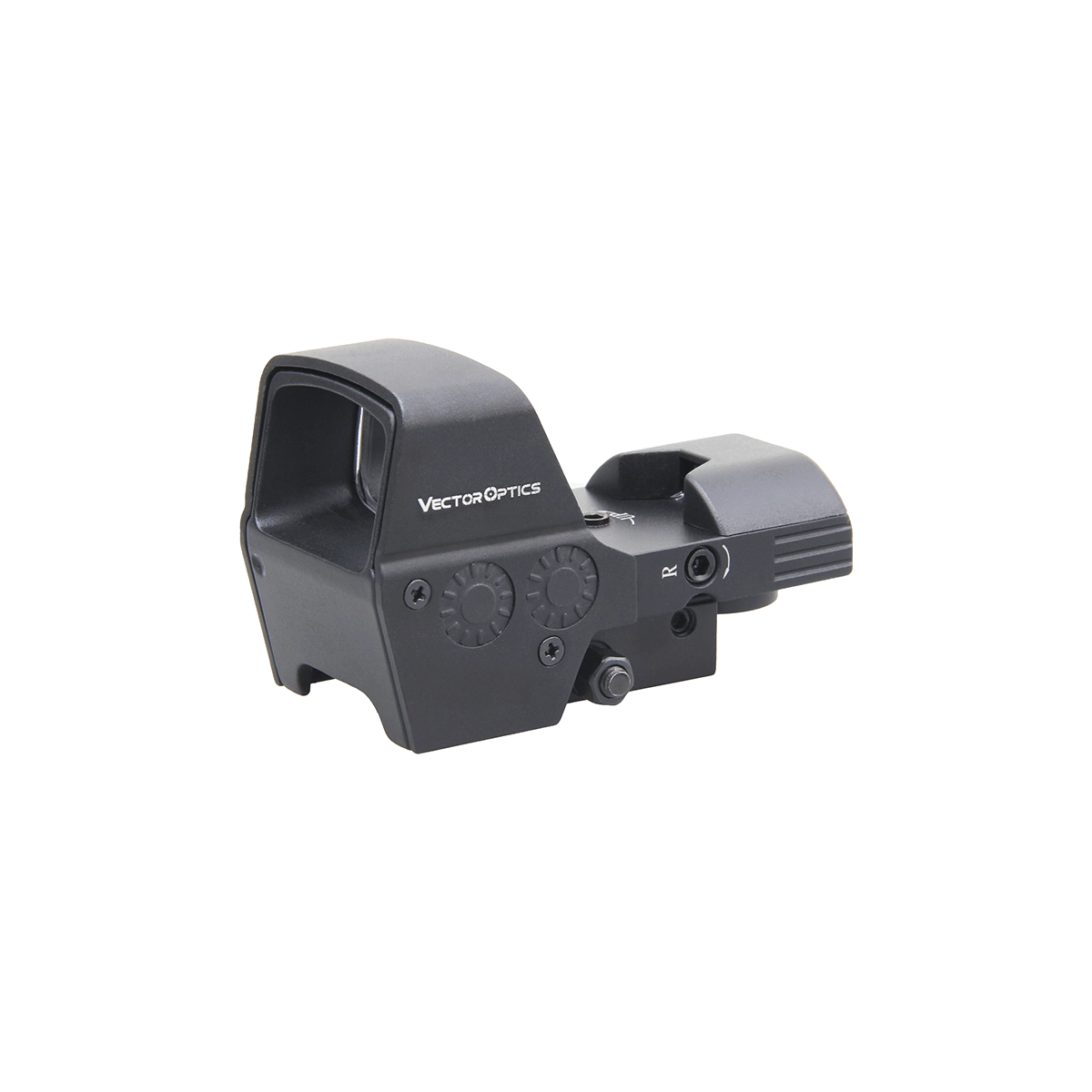 Omega 1×23×33 Reflexvisier Vectro Optics SCRD‑48 mit robustem Gehäuse, seitlichem Batteriefach und Bedienelementen für Helligkeit und Absehen.