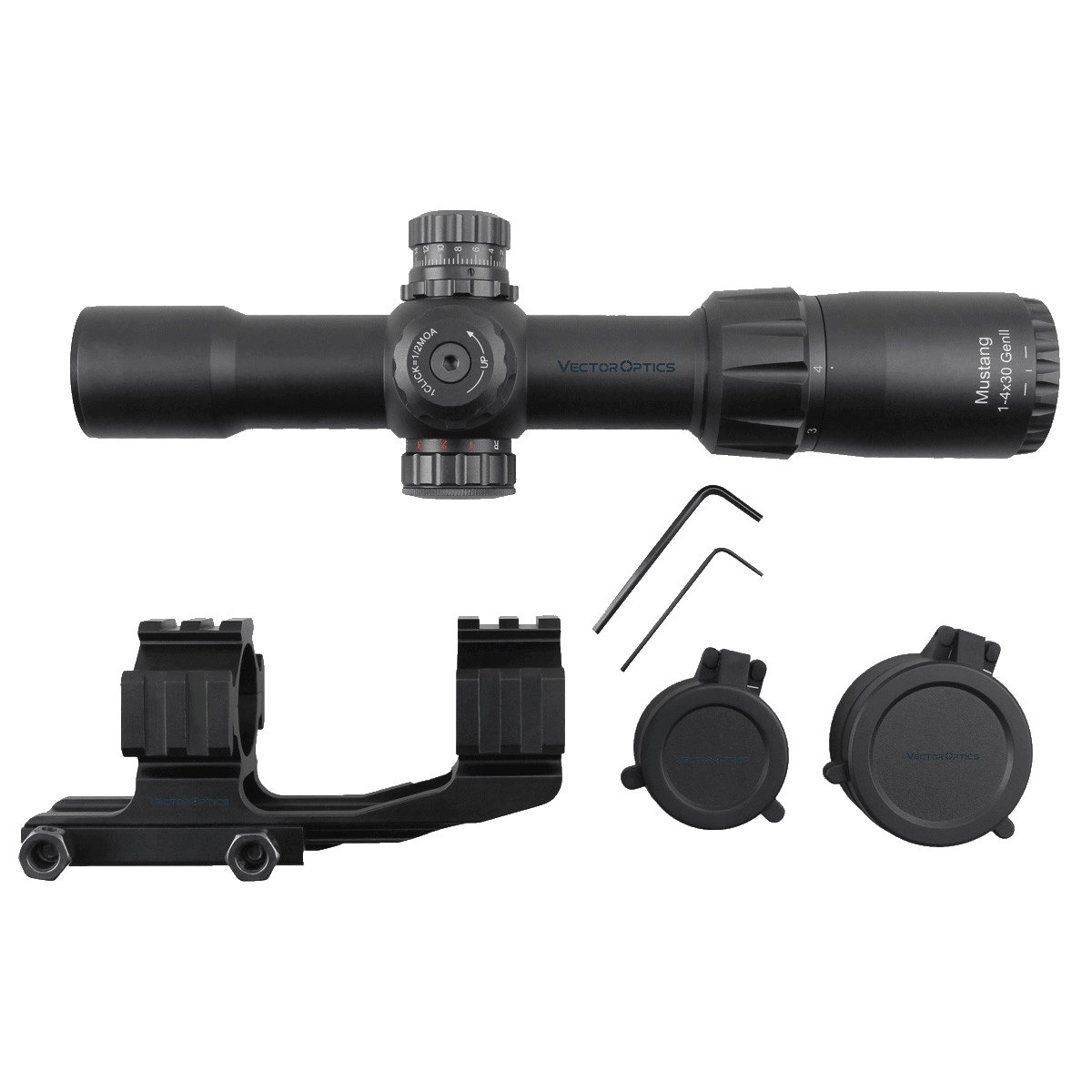 Lieferumfang des Mustang 1-4×30 SFP Zielfernrohrs inklusive Montage, Flip-Up-Covern und Werkzeug für sofortige Einsatzbereitschaft.