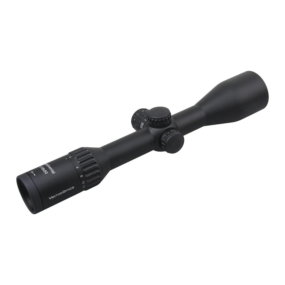 Seitliche Perspektive des Vector Optics Continental x6 3-18x50 Zielfernrohrs mit Vergrößerungsring und fein einstellbaren Türmen.