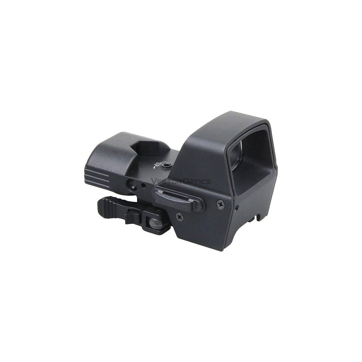 Seitliche Ansicht des Omega 1×23×33 Reflexvisiers SCRD‑48 von Vectro Optics mit Schnellspannmontage und ergonomischem Design für Waffenoptik.