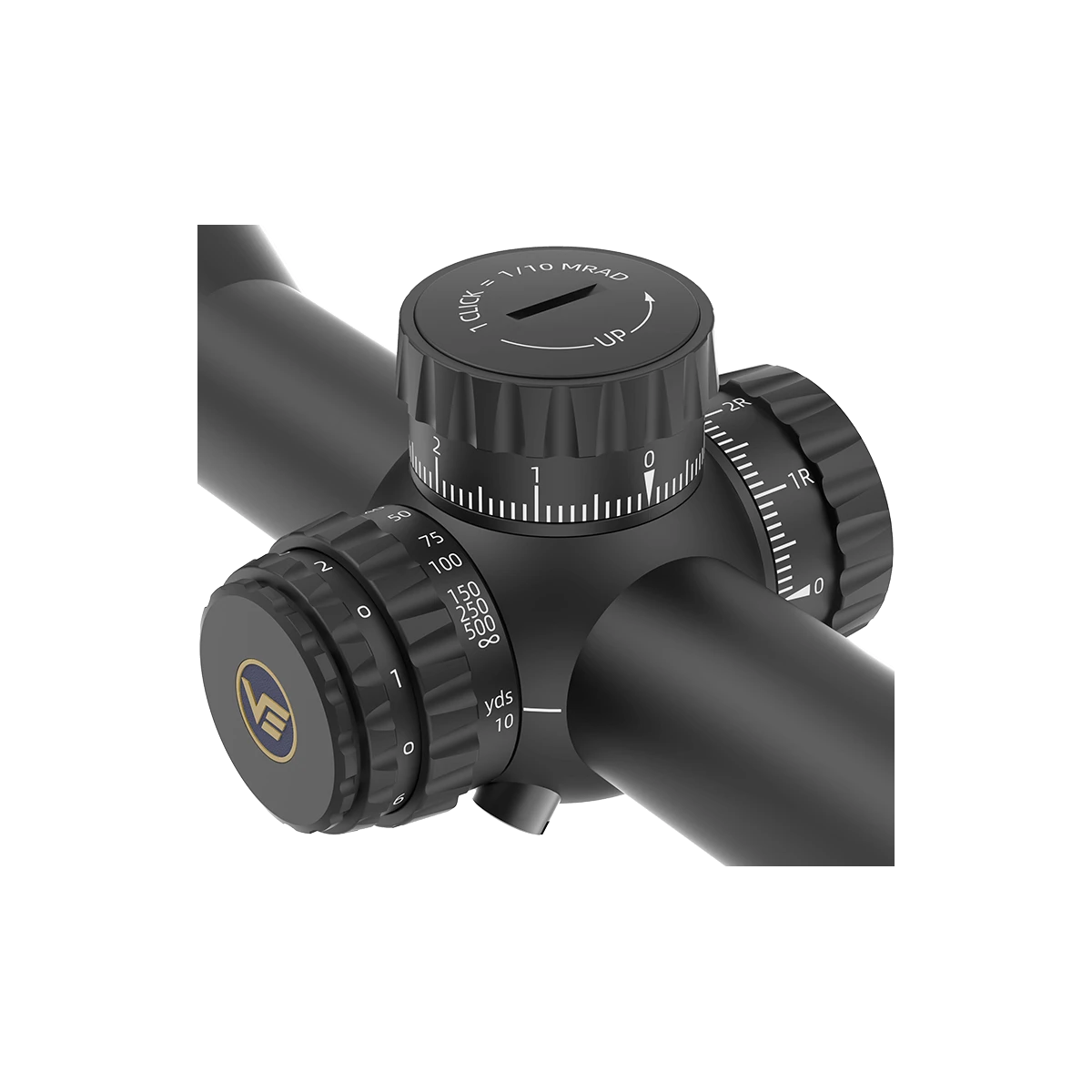 Detailansicht der Verstelltürme des Vector Optics Tauron 3-18x50 GenII FFP mit präziser Klickverstellung und Entfernungsskala.