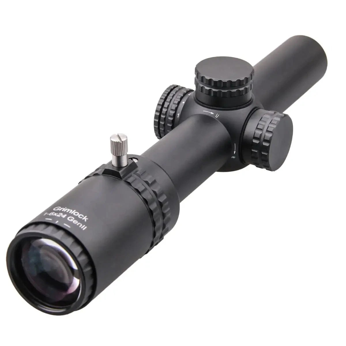 Rückansicht des Grimlock 1–6×24 LPVO Zielfernrohrs Gen II mit Vergrößerungshebel und präziser Zoomsteuerung für dynamisches IPSC Schießen.