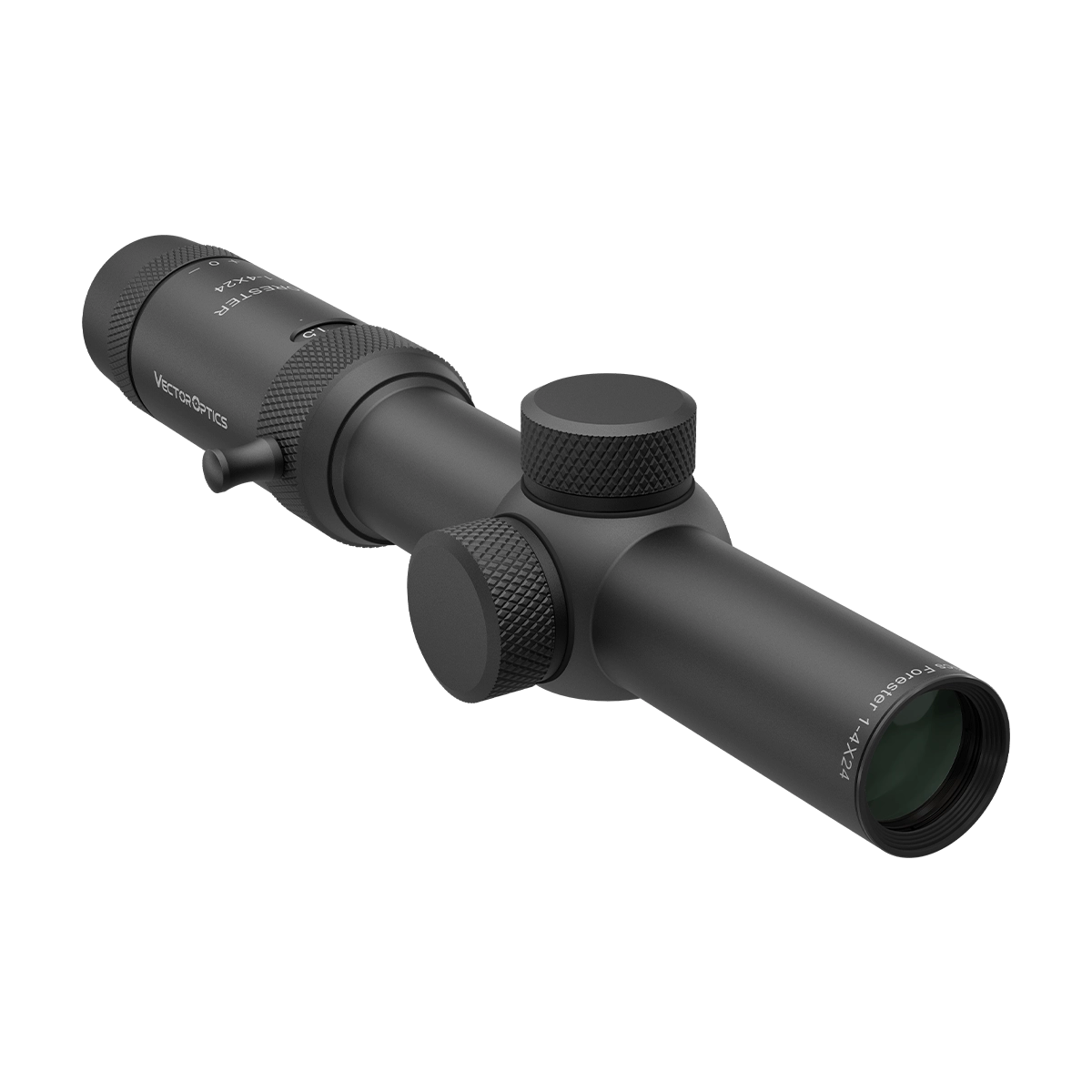 LPVO Zielfernrohr Forester 1–4×24 SFP von Vector Optics mit verstellbarem Sehfeld und taktischen Einstelltürmen für präzise Schüsse.