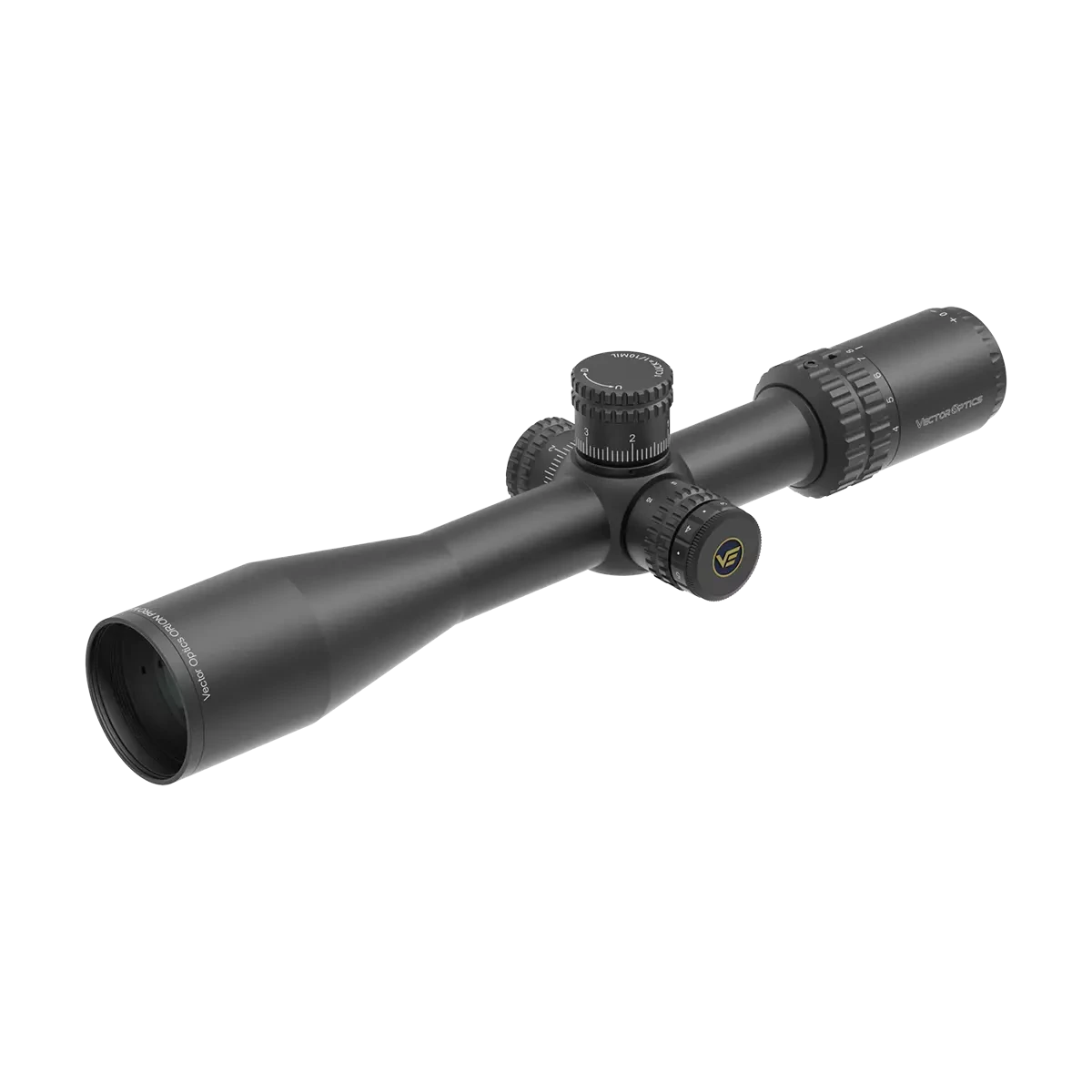 Seitliche Ansicht des Orion Pro MAX HD 4-16x44 Zielfernrohrs mit präzisen Einstelltürmen und mehrfachvergüteter Optik für taktischen Einsatz.