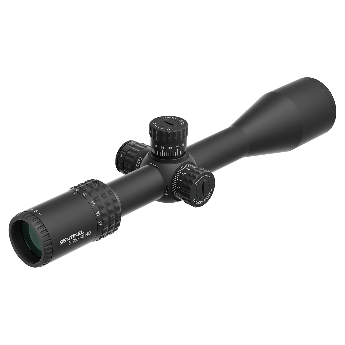 Rückansicht des Vector Optics Sentinel 5-25x50 HD FFP mit Zoomring und Beschriftung, ideal für mittlere bis lange Distanzen.