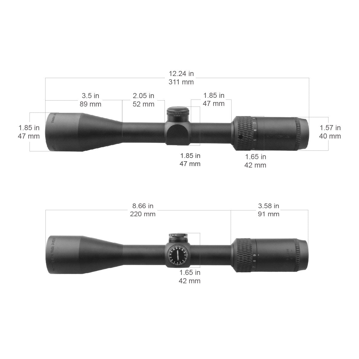 Technische Zeichnung des Matiz 3–9×40 SFP Vector Zielfernrohrs mit Maßangaben. Kompaktes Design für vielseitige Waffenmontage.