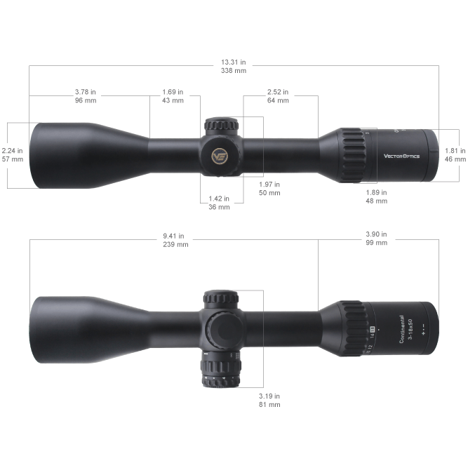 Technische Zeichnung des Vector Optics Continental x6 3-18x50 mit genauen Abmessungen für Montage und Kompatibilität mit Montagesystemen.